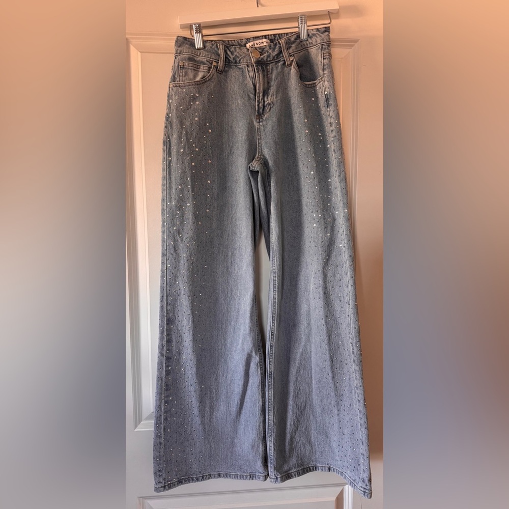 AND NOW THIS Rhinestone Jeans Size 25  High Rise Wide Leg/Flare‎ Y2K Glam Edgy